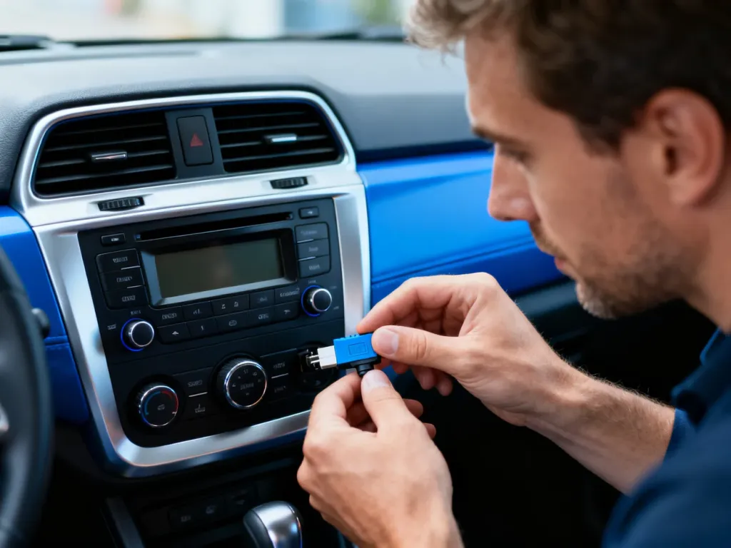 Mężczyzna podłącza urządzenie diagnostyczne do radia samochodowego Ford 6000CD w celu odzyskania kodu.