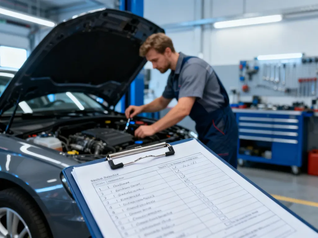 Mechanik wykonujący przegląd techniczny samochodu w nowoczesnym warsztacie z listą kontrolną na pierwszym planie.