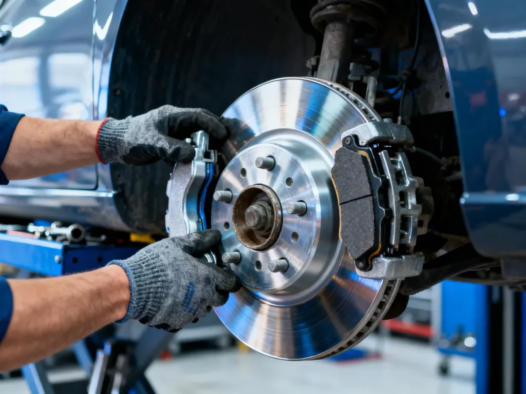 Mechanik w rękawicach montuje nową tarczę hamulcową i klocki na piaście koła w profesjonalnym warsztacie samochodowym.