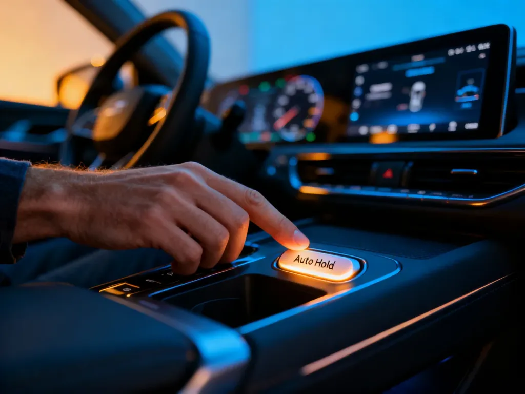 Dłoń kierowcy naciskająca podświetlony przycisk systemu Auto Hold na konsoli środkowej nowoczesnego samochodu.