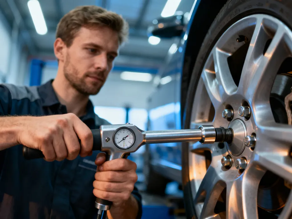 Mechanik używa klucza dynamometrycznego do precyzyjnego dokręcania śruby w kole samochodowym w profesjonalnym warsztacie.